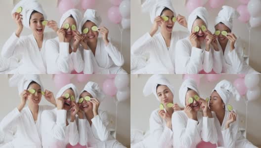 有趣快乐的亚洲女人一起做黄瓜面膜开心高清在线视频素材下载