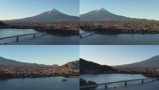 黎明时分富士山和川口湖的鸟瞰图高清在线视频素材下载