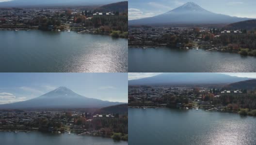 清晨鸟瞰富士山和川口湖高清在线视频素材下载