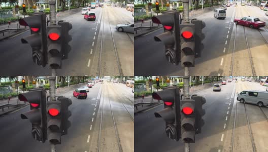 红绿灯过往，香港岛有轨电车高清在线视频素材下载