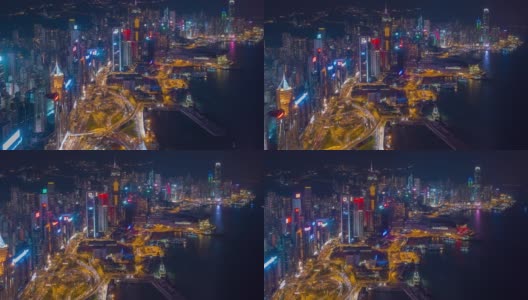 夜光飞行在香港市区交通堵塞空中全景4k时间流逝高清在线视频素材下载