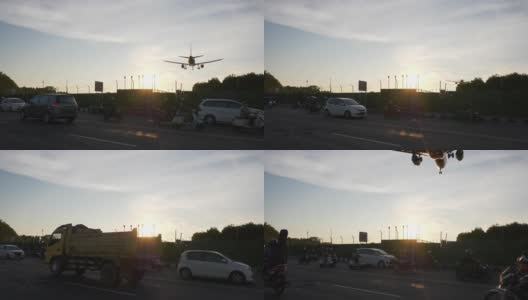 阳光明媚的一天巴厘岛机场区交通街道道路飞机降落慢镜头4k印尼全景高清在线视频素材下载