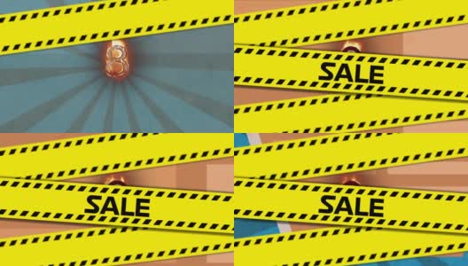 销售文字的动画在黄色危险胶带上，与燃烧的数字8，超过购物车高清在线视频素材下载