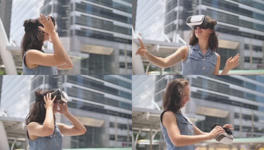 一个女人在用她的手机VR耳机高清在线视频素材下载