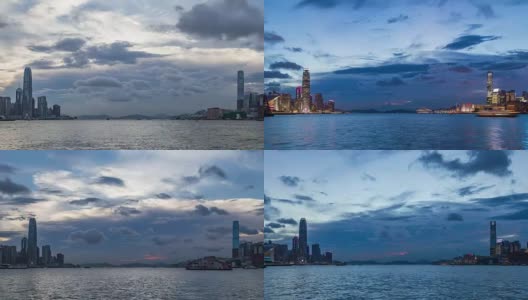 香港，海区有香港岛和九龙的城市景观，从早到晚，日落高清在线视频素材下载