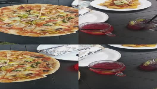 披萨特写视频。世界各地的意大利食品比萨。南非披萨食谱高清在线视频素材下载