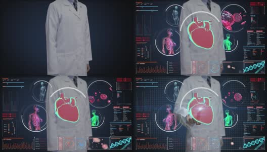 医生触摸数字屏幕，女性身体扫描血管、淋巴、心脏、循环系统的数字显示仪表盘。蓝色x射线的观点。高清在线视频素材下载