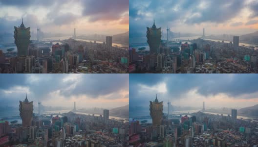 日落时间飞行在澳门城市市中心湾航拍全景4k时间推移中国高清在线视频素材下载
