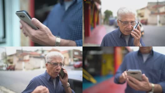 一位老人一边在城市里行走一边用手机打电话高清在线视频素材下载
