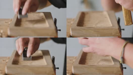 关闭了。木雕师用小刨子刨胡桃木板。工匠在做一个茶盘。vagatabon。乐器的声音高清在线视频素材下载