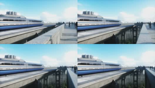未来主义的火车站，有单轨铁路和火车。拥挤的人群。具体的架构。未来的概念。现实的4 k的动画。高清在线视频素材下载