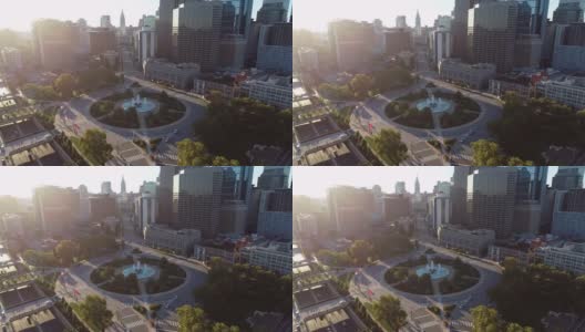 空的罗根广场喷泉鸟瞰图，圆圈，费城商业区和市中心。宾西法尼亚高清在线视频素材下载