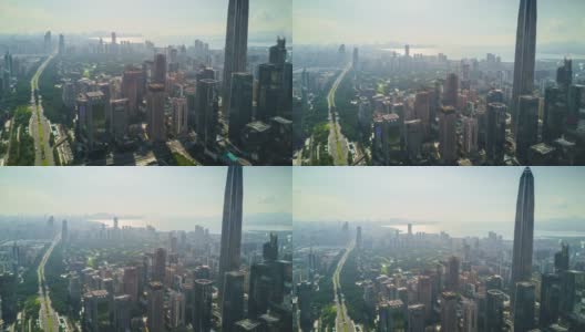 中国深圳城市景观日落天空市中心KK100建筑航拍全景4k时间间隔高清在线视频素材下载