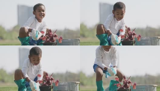 一个非裔美国男孩在花园里种了一棵树。和种植设备。暑假的家庭活动。孩子学会保护环境，自然成长。环保理念高清在线视频素材下载