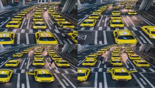 T/L TD晚上在机场出口处繁忙的黄色出租车排队高清在线视频素材下载