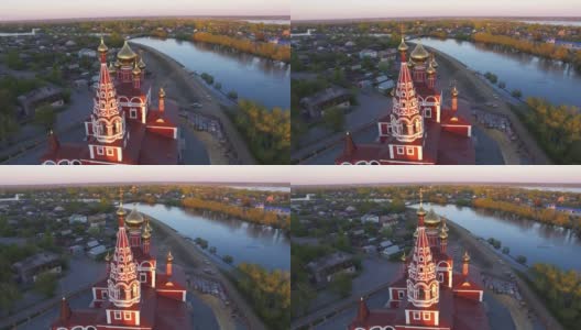 在无人机的洪水中拍摄了河岸上的一座美丽的寺庙高清在线视频素材下载