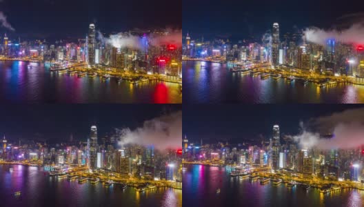4K超视距:夜城维多利亚港-航拍香港摩天大楼与发展建筑，交通，能源电力基础设施无人机飞行。亚洲金融和商业中心高清在线视频素材下载