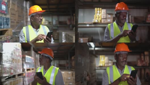 成熟的非洲工人在仓库使用手机高清在线视频素材下载