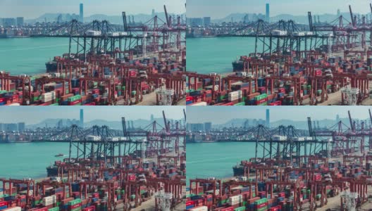 4K延时:码头商埠的集装箱货物仓库，工作吊车桥为企业物流、进出口、海运或运输卸箱。高清在线视频素材下载