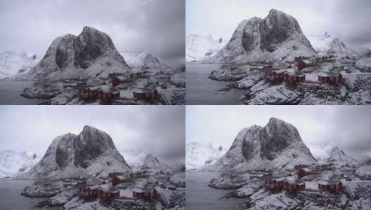 4K视频俯视图显示挪威罗浮敦群岛的海和蜿蜒的哈姆诺伊村高清在线视频素材下载