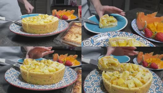 一个女人在厨房切蛋糕高清在线视频素材下载