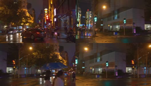 夜间照明上海城市交通街道十字路口全景4k中国高清在线视频素材下载
