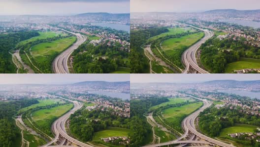 傍晚的苏黎世城市景观著名的交通道路，湖边的空中全景，4k时间的推移瑞士高清在线视频素材下载