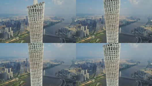 晴天广州猎德桥珠江广州塔顶航拍全景4k中国高清在线视频素材下载