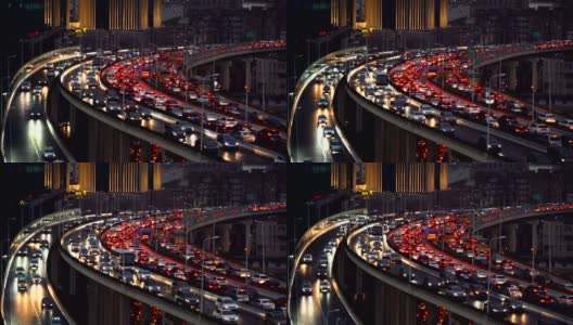 高速公路高峰时间的交通堵塞。晚上，中国上海市中心的桥上和路上的汽车。高清在线视频素材下载