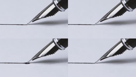 特写镜头:一支钢笔在有纹理的纸上画出一条笔直的墨线高清在线视频素材下载