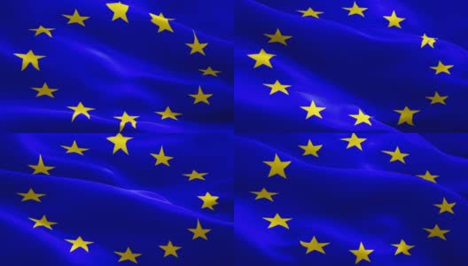 欧洲的旗帜。欧盟欧盟国家国旗镜头视频为电影，新闻。现实的欧洲旗帜背景视频在风中挥舞。欧洲旗帜循环特写1080p全高清1920X1080镜头高清在线视频素材下载