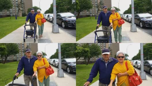 90岁的老人和70岁的女儿走在街上高清在线视频素材下载