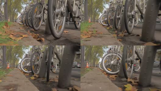 Cycling-friendly城市。法国巴黎街道上的一排自行车停车场高清在线视频素材下载