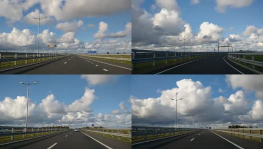 4K /超高清视频片段。POV高速公路公路移动云时间流逝。云在天空中移动，在多云的下午，在高速公路景观的时间间隔。超速驾驶镜头高清在线视频素材下载
