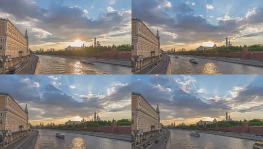 莫斯科城市天际线日落时间流逝在克里姆林宫宫殿红场和莫斯科河，莫斯科俄罗斯4K时间流逝高清在线视频素材下载