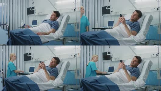 康复患者躺在医院病床上使用智能手机和微笑。友善的护士进来检查他。高清在线视频素材下载