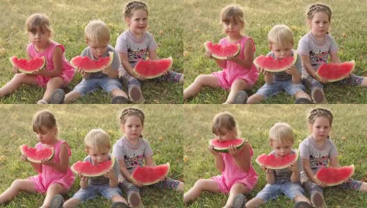 三个孩子在绿色夏季公园吃西瓜高清在线视频素材下载