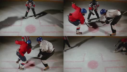 冰球裁判进行了一场对峙，两名球员开始争夺冰球高清在线视频素材下载