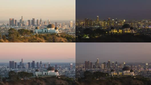 洛杉矶市中心和格里菲斯天文台-昼到夜的时间推移高清在线视频素材下载