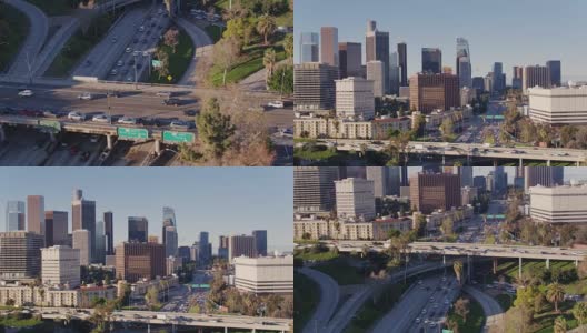 无人机拍摄与向上倾斜的四层交汇处和洛杉矶市中心高清在线视频素材下载