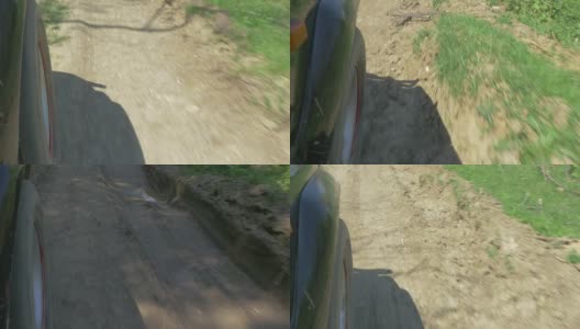 农村道路上的一个汽车轮子的特写高清在线视频素材下载
