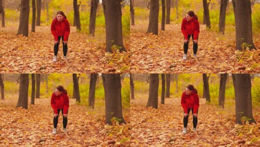 迷人的女运动员穿着鲜艳的运动服和运动鞋在秋天的公园跑步。训练和运动概念。高清在线视频素材下载
