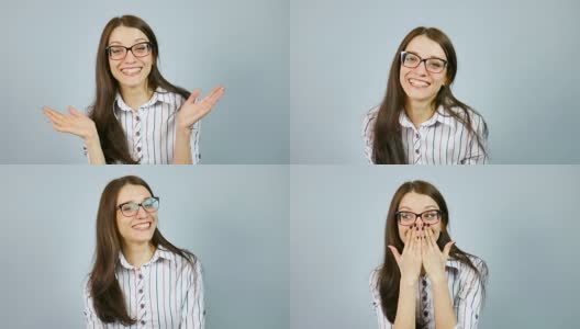 笑快乐聪明的女学生戴着光学眼镜在工作室在灰色背景摆姿势。高清在线视频素材下载
