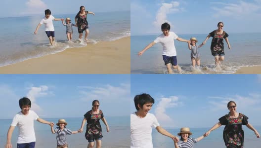 快乐亚洲一家一起在沙滩上跑步的慢镜头高清在线视频素材下载