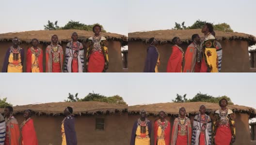 5名马赛妇女在马赛马拉附近的一个村庄唱歌跳舞高清在线视频素材下载