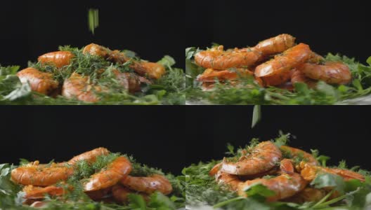 莳萝落在美味的烤虾上，在桌上翻转高清在线视频素材下载