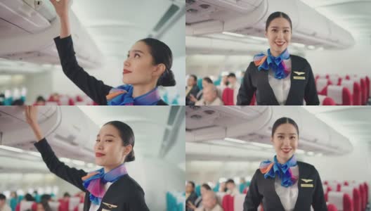 美丽的亚洲空姐在飞机上微笑，热情和欢迎。高清在线视频素材下载
