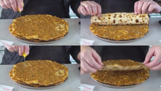 一个男人在餐馆吃传统的土耳其披萨(lahmacun)。高清在线视频素材下载