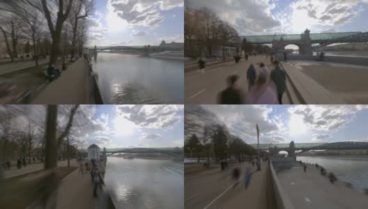 早春漫步在城市公园的堤岸与360度动作摄像头，时间推移，hyperlapse高清在线视频素材下载