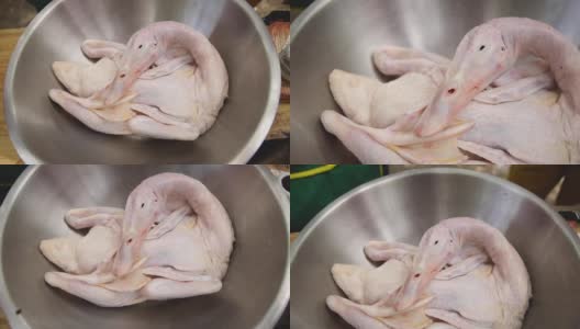 整只生鸭在不锈钢碗中烹饪，整只新鲜生鸭放在托盘上，没有现成的原料和香料高清在线视频素材下载